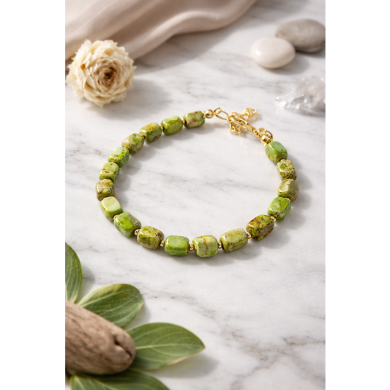 BRANSOLETKA Z NATURALNYCH KAMIENI – ODCIENIE ZIELENI + ZŁOTE AKCENTY | HANDMADE